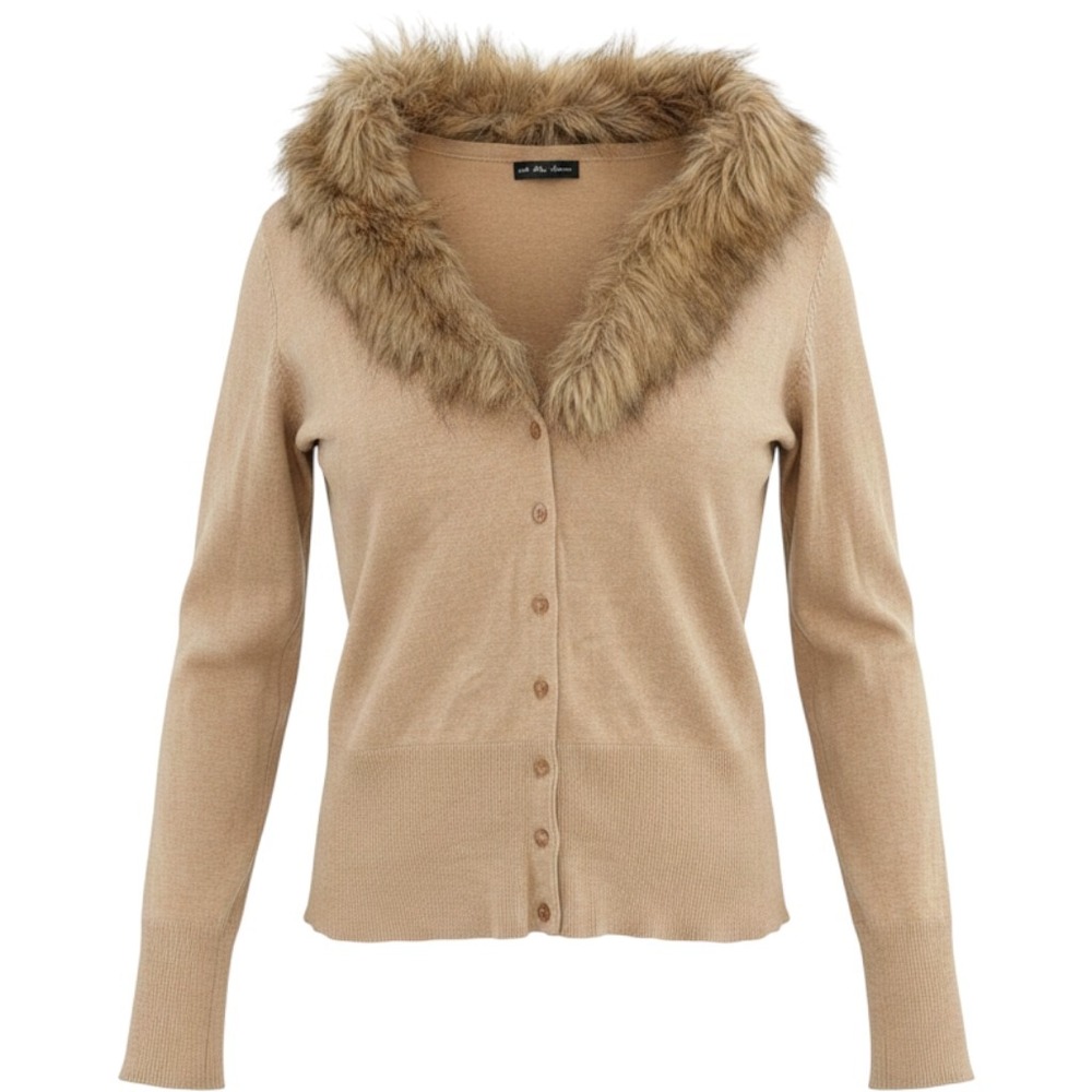 New York & Company Silk Blend Faux Fur Collar Cardigan Sweater Tan Camel Medium